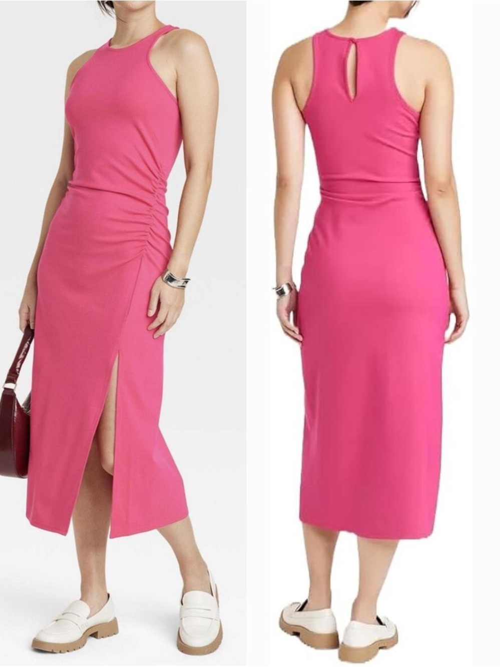 a new day Pink Sleeveless Scuba Knit Midi Dress with Side Ruched Slit